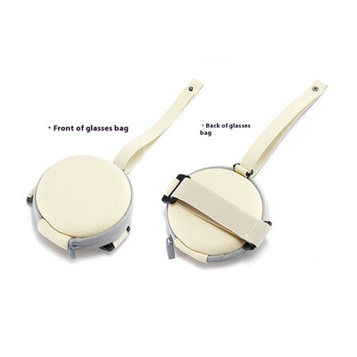 Cream and grey round zippered glasses case with a cream strap, shown from front and back views. - Image 12