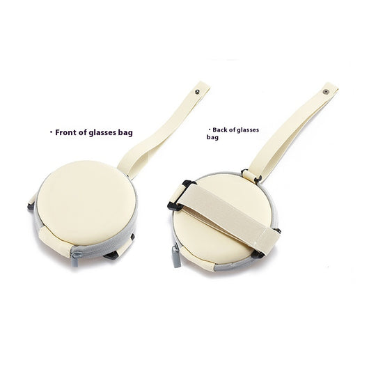 Cream and grey round zippered glasses case with a cream strap, shown from front and back views. - Image 12