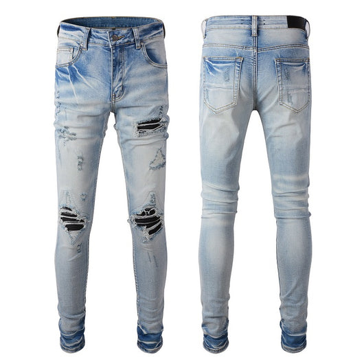 Jeans Azul Claro Rotos con Parches de Cuero Negro para Hombre