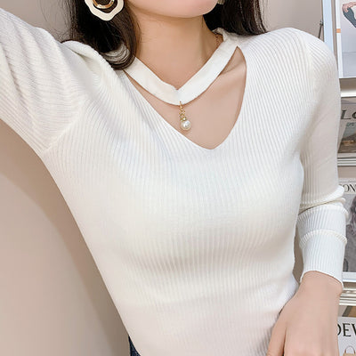 Suéter Ajustado Cuello Halter V-Neck Manga Larga - Image 9