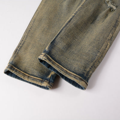 Jeans Slim Fit Desgastados con Bordado de Serpiente de Tres Cabezas y Parches de Cuero - Image 11