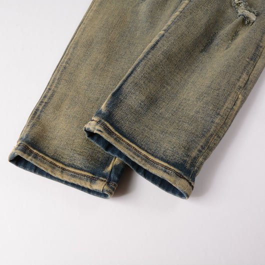 Jeans Slim Fit Desgastados con Bordado de Serpiente de Tres Cabezas y Parches de Cuero - Image 11