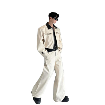 Conjunto Hombre Chamarra de Cuero con Bloques de Color y Pantalón Ancho Casual - Image 5