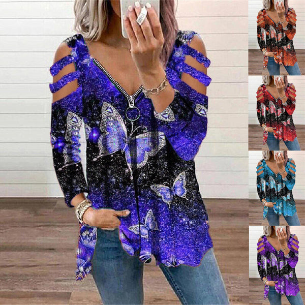 Blusa Manga Larga con Escote V y Estampado de Mariposas
