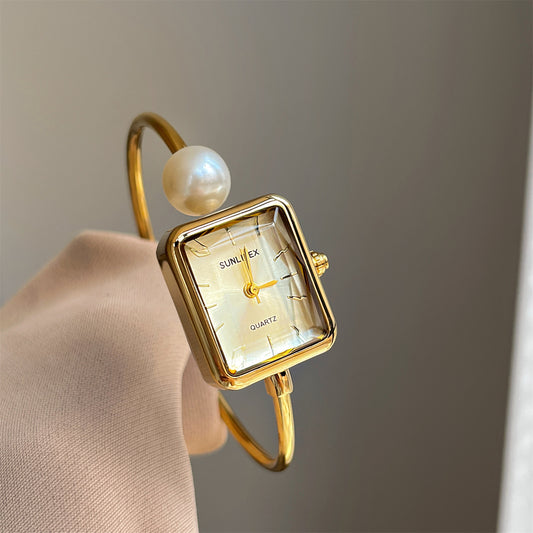 Reloj Pulsera Lujo Perla Cuadrada Dorado para Mujer