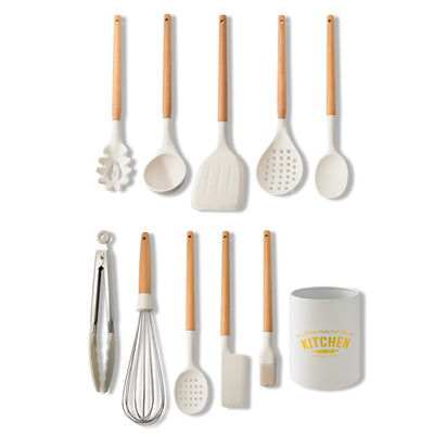 Set de Utensilios de Cocina en Silicona con Mango de Madera Crema - Image 4