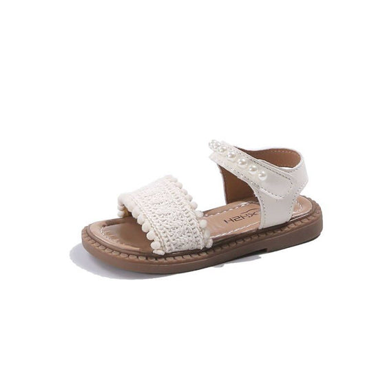 Children's white sandals with pearl ankle straps, woven front strap, and brown sole, featuring a Velcro closure. - Image 12