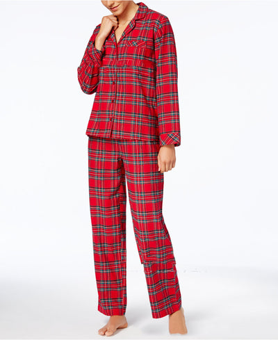 Men's red and green plaid pajama set with a long-sleeved button-up shirt and matching long pants. - Image 3