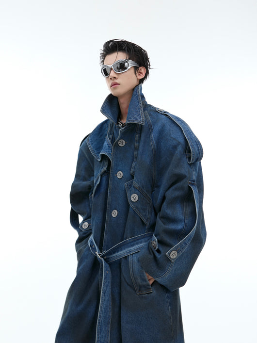 Abrigo Denim Largo con Hombros Acolchados Doble Capa - Image 11