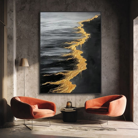 Cuadro Abstracto Playa Dorada con Olas - Pintura al Óleo Texturizada Hecha a Mano