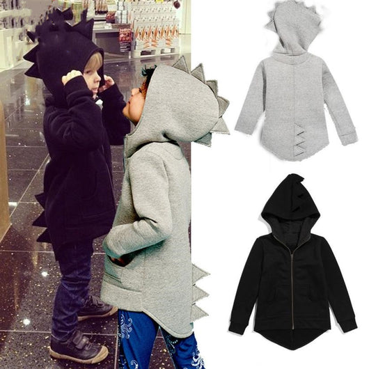 Lime green kids' hooded jacket with dinosaur spikes on the hood, full zipper, long sleeves, and front pockets.