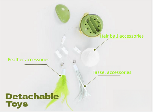 Automatic lifting cat toy with a yellow ball and white clamp, featuring interchangeable feather and pom-pom attachments. - Image 3