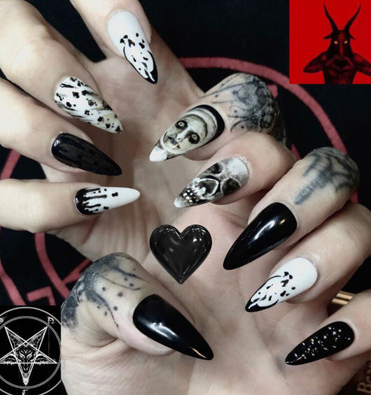 Uñas Postizas Gota de Agua Almendra - Diseño Calavera Halloween Manicura Artística - Image 4