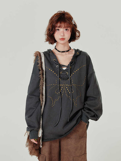 Sudadera Retro con Capucha Mujer - Cuello V Cordones y Remaches - Image 3