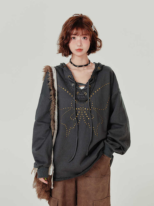 Sudadera Retro con Capucha Mujer - Cuello V Cordones y Remaches - Image 3