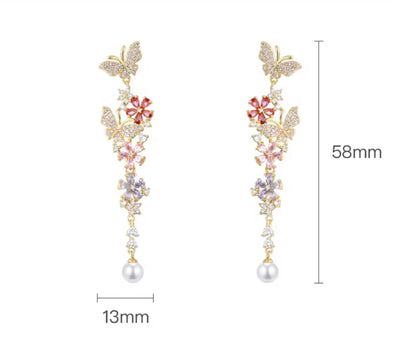 Aretes Mariposa Floral Desmontables con Circonitas Multicolor y Perla - Image 8