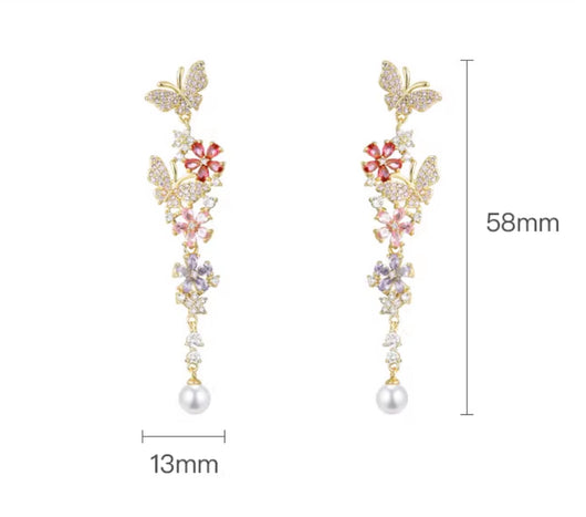 Aretes Mariposa Floral Desmontables con Circonitas Multicolor y Perla - Image 8