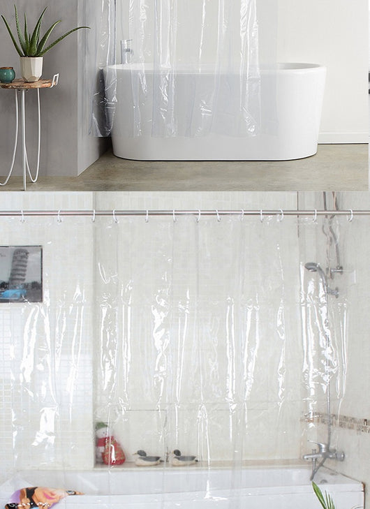 Transparent PEVA shower curtain with stainless steel grommets and hooks on a silver shower rod. - Image 8