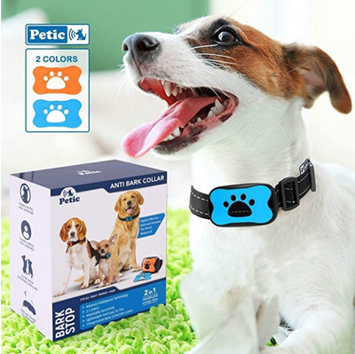 Black anti-barking device with a red paw print design, attached to a black nylon dog collar with reflective stitching. - Image 11