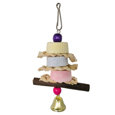 Colorful bird toy with stacked ridged blocks, natural straw, a wooden perch, and a golden bell, hanging from a metal clip. - Image 6