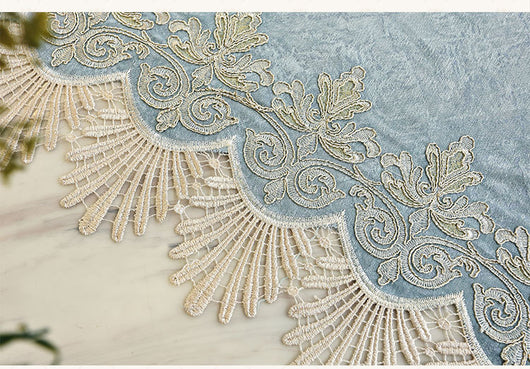 Blue sheer curtain with intricate gold and dark blue embroidery in a European classical style, draped over a window. - Image 16