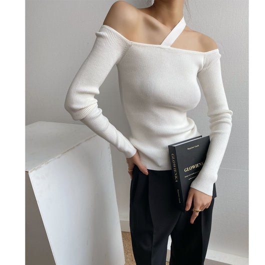 Suéter Tejido de Diseño Francés Elegante Hombros Descubiertos - Image 2