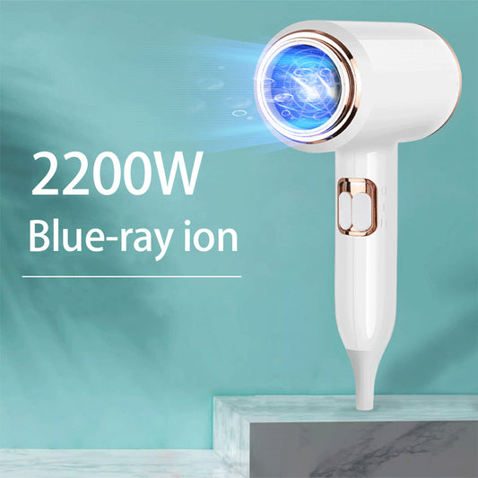 White hair dryer with rose gold accents, U.S. plug, and a concentrator nozzle for household use.