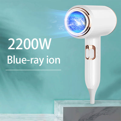 White hair dryer with rose gold accents, U.S. plug, and a concentrator nozzle for household use.