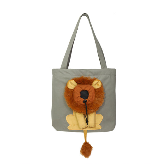 Grey soft pet carrier with a lion design, featuring a plush mane, ears, paws, and tail, and a drawstring opening. - Image 14