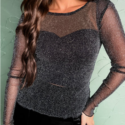 Blusa Larga de Malla con Brillo Metálico Negro - Image 6