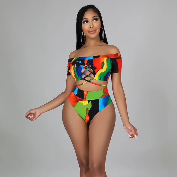Bikini Bandeau Cintura Alta con Estampado Cruzado