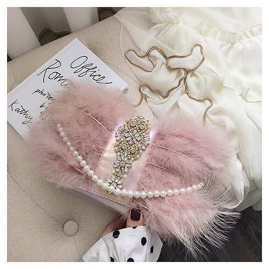 Bolso de Noche Elegante con Plumas de Avestruz y Cadena de Perlas - Image 19