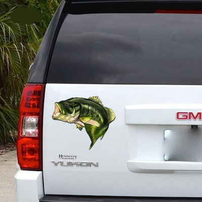 Bass fish reflective outdoor fishing car sticker with an open mouth, featuring blue, green, and brown tones. - Image 9
