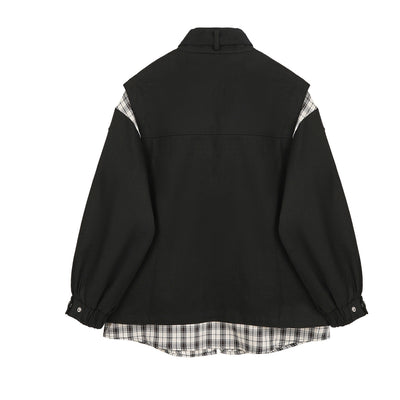 Chaqueta Denim Cuadriculada con Costuras de Contraste y Efecto Dos Piezas para Mujer - Image 4