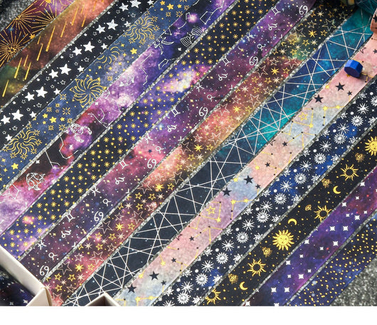 Set of six 1.5cm wide decorative tapes featuring starry sky, zodiac signs, moon phases, constellations, and planets. - Image 15