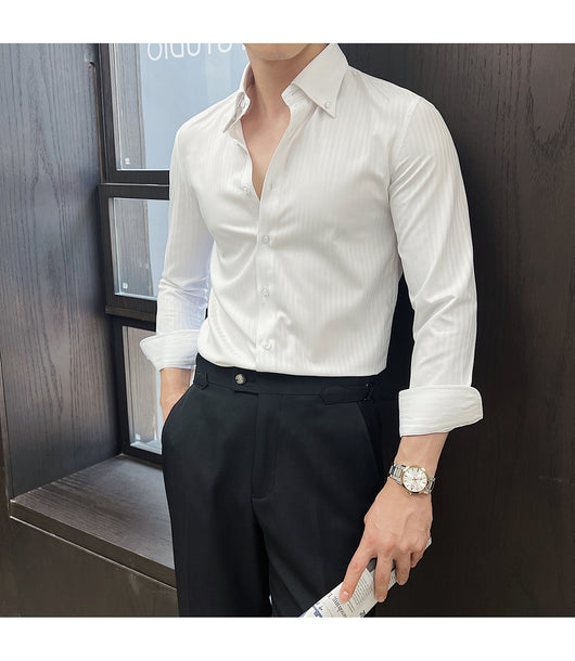 Camisa de Vestir Manga Larga a Rayas para Hombre con Cuello Italiano - Image 25