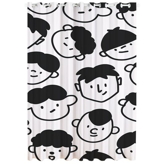 White curtain with a repeating pattern of black outline cartoon faces, featuring grommet top for easy hanging. - Image 2