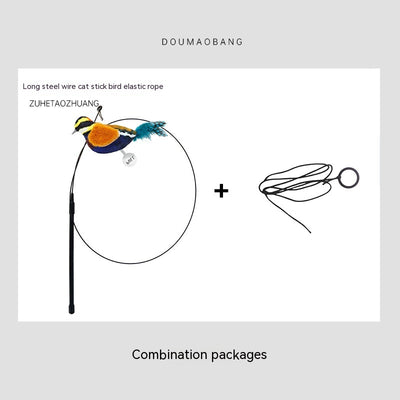 Red plush bird cat toy on a long steel wire stick with an elastic rope, designed for interactive pet play. - Image 12