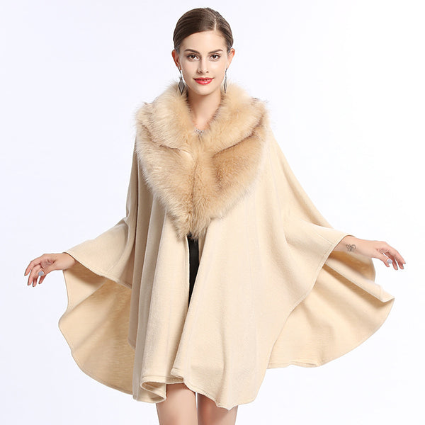 Poncho Capa de Punto con Cuello de Pelaje Sintético Oversized
