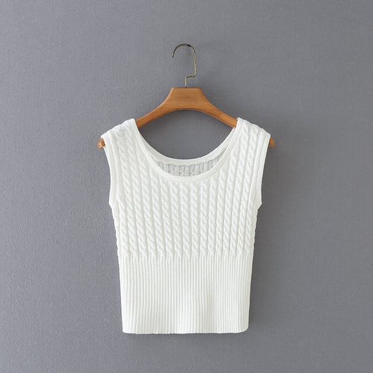 Chaleco Tejido Retro Cuello Redondo Cintura Anudada sin Mangas - Image 2