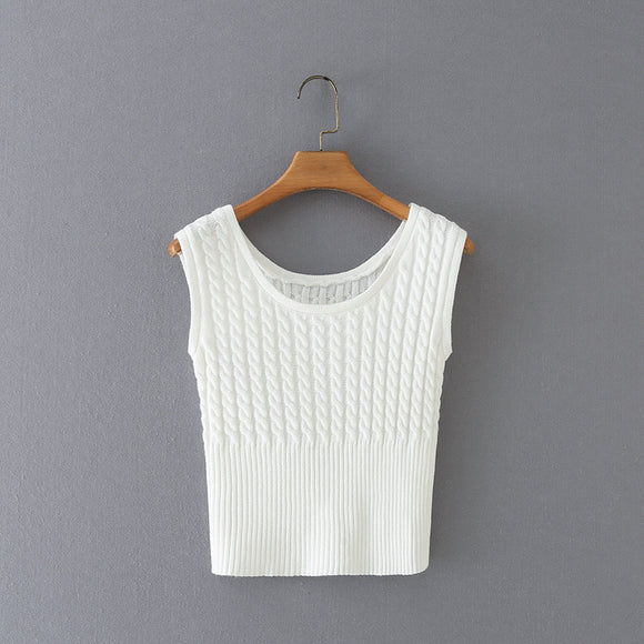 Chaleco Tejido Retro Cuello Redondo Cintura Anudada sin Mangas