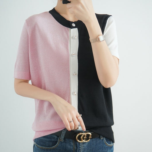 Blusa Fresca de Bloques de Color con Cuello en V - Image 2