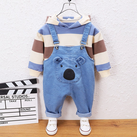 Overol Denim con Suéter Rayado y Capucha para Niños
