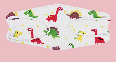Two white children's face masks with colorful cartoon dinosaurs, including red, green, and teal, on a white display stand. - Image 5