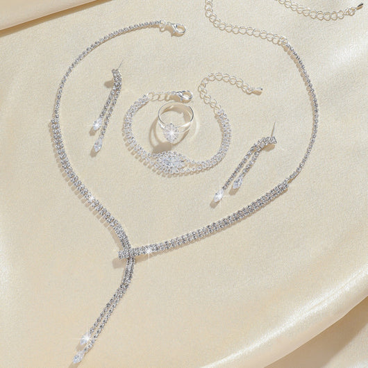 Sparkling rhinestone necklace, dangle earrings, and bracelet set on a black display, perfect for formal events. - Image 3