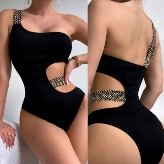 Black one-shoulder one-piece swimsuit with side cut-outs and gold chain-link detailing on strap and waist. - Image 18