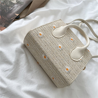 Bolsa Tejida Estilo Occidental Bandolera Cuadrada Pequeña con Margaritas - Image 4