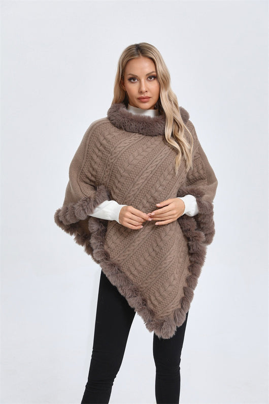 Poncho Tipo Capa de Punto Grueso con Cuello de Pelaje - Image 29