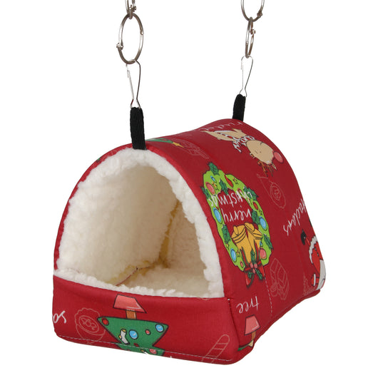 Teal cotton pet nest with a colorful forest pattern, lined with white plush, designed for small birds or parrots. - Image 11