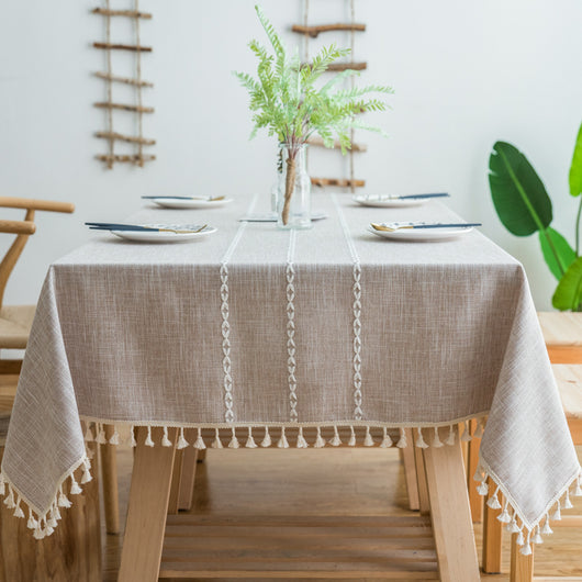 Mantel de Comedor Rayas de Algodón Lino con Bordado y Borlas - Image 8